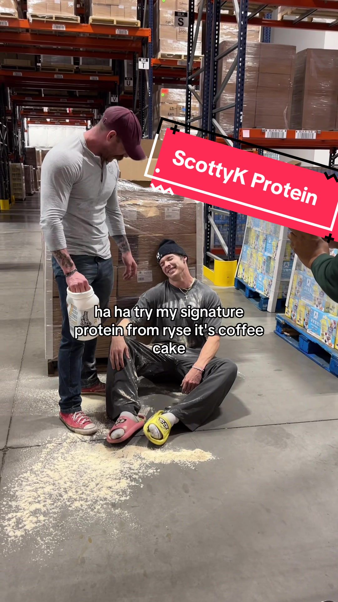 TikTok post by @_itsnate for RYSE Supplements. Caption reads: BTS of @scottykfitness CoffeeCake Protein (get it....