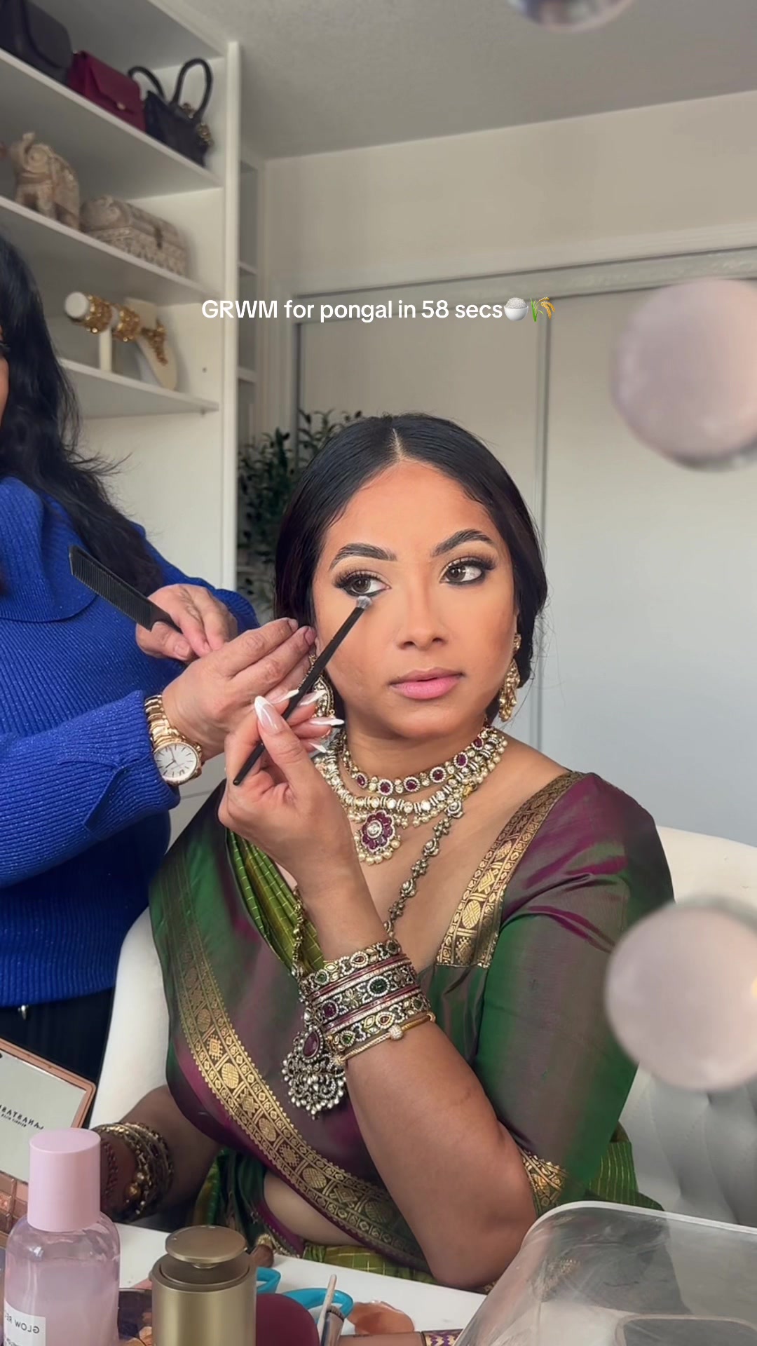 TikTok post by @allurebyhamsha for Make Up For Ever. Caption reads: Happy Pongal🌾🍚🌞 - Hair & Saree draping:....