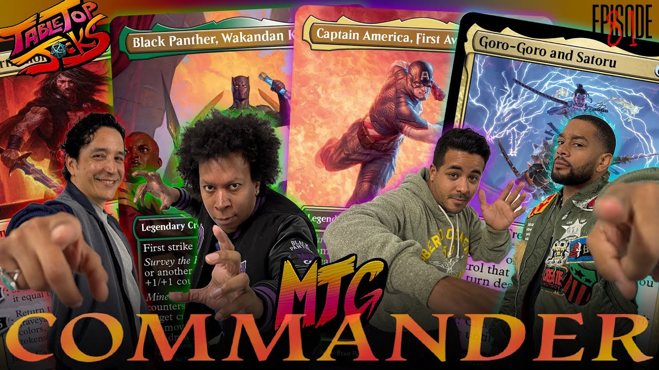 YouTube post by @TabletopJocks for Jankmats. Caption reads: MTG Commander | Black Panther vs Captain America....