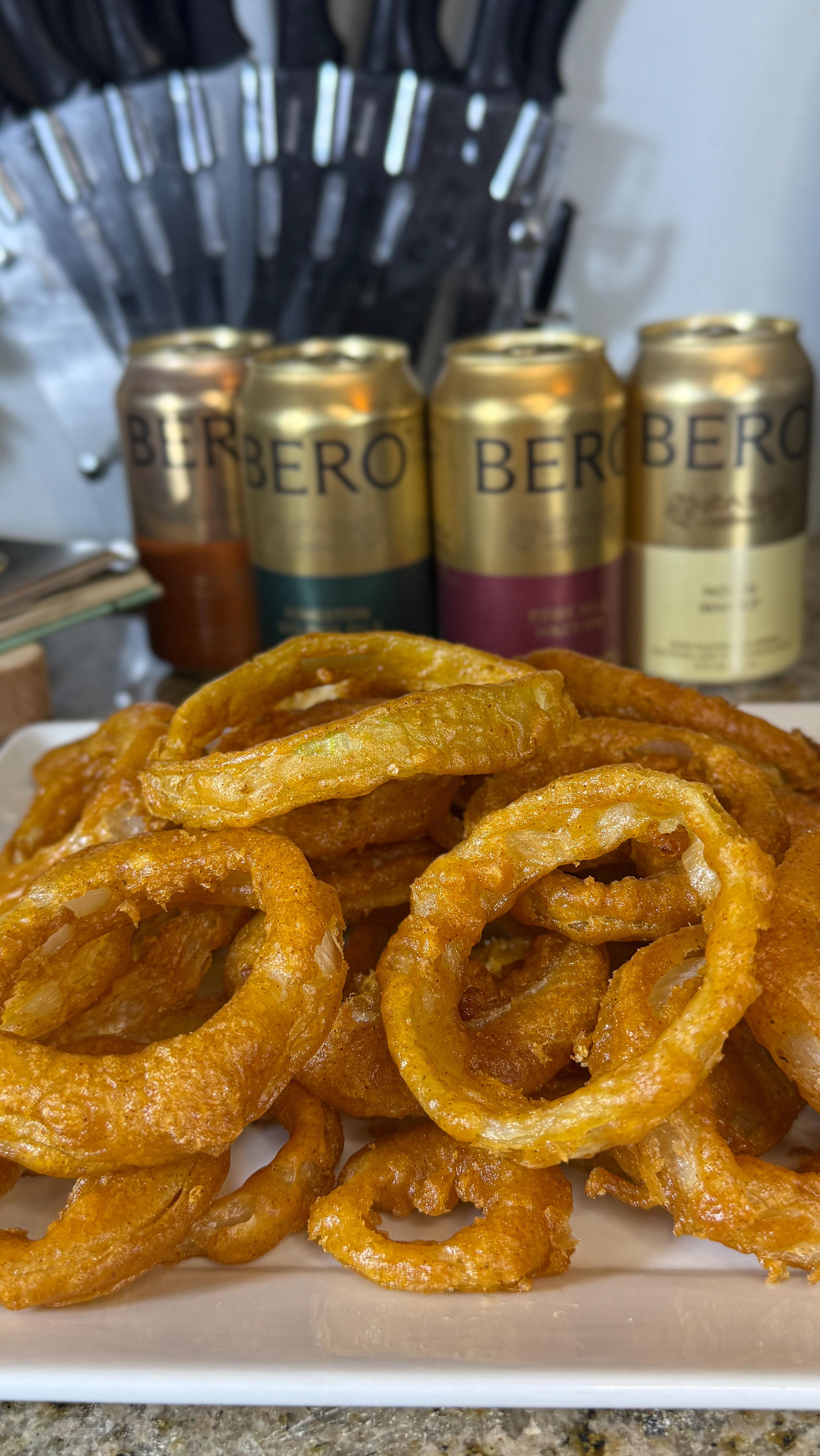 Instagram post by @joethehoeslayer for Berobrewing. Caption reads: #BEROPartner #ad Beer Battered Onion....