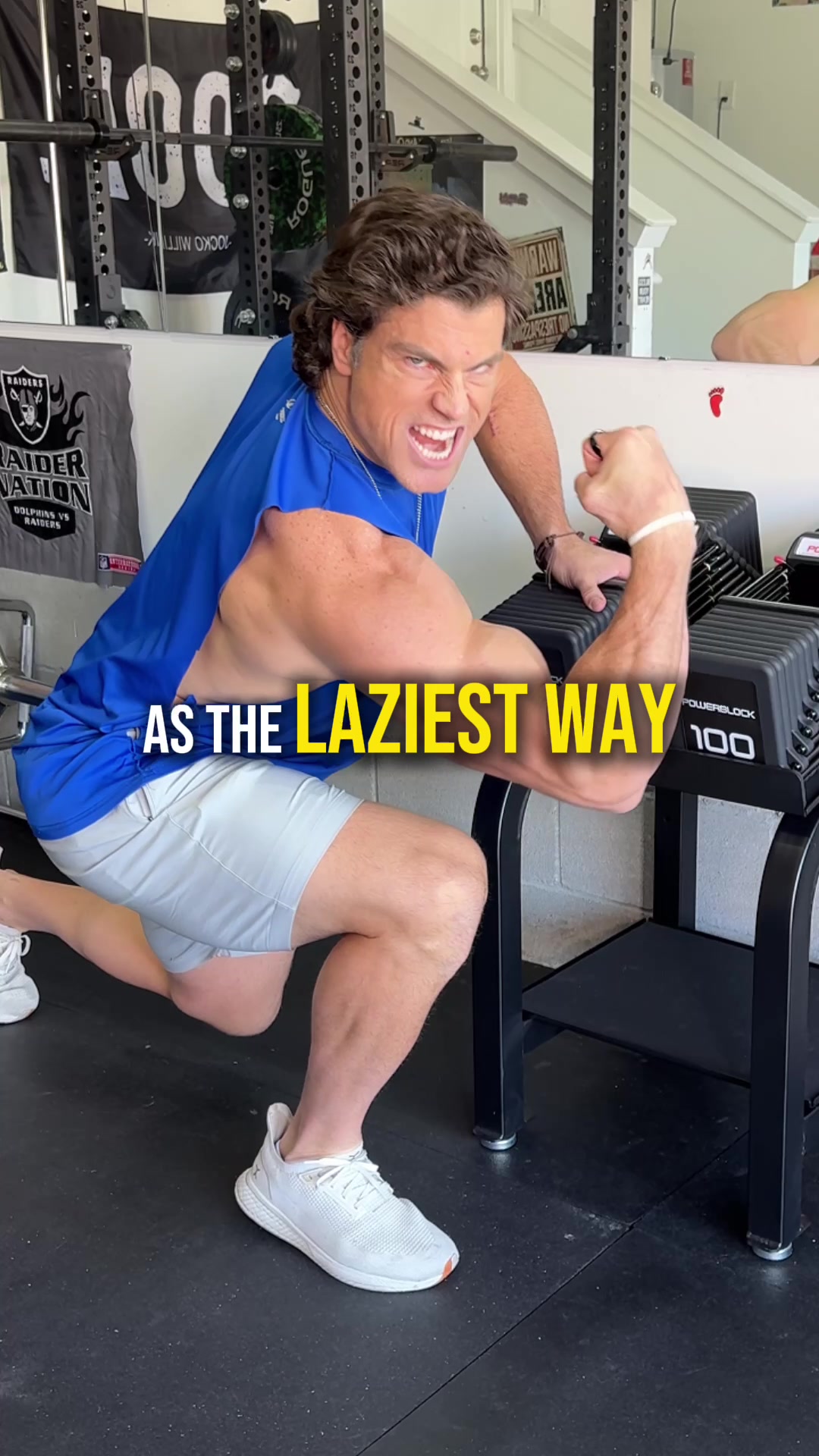 TikTok post by @milesjamesburris for PowerBlock. Caption reads: Mental health hack + hypertrophy hack: put....