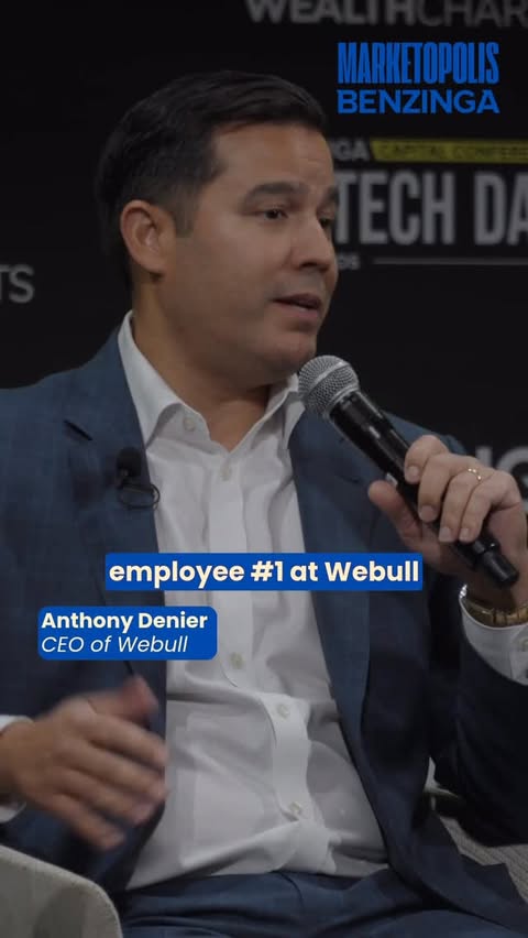 Instagram post by @benzinga for Webull. Caption reads: Webull CEO Anthony Denier reveals something most....