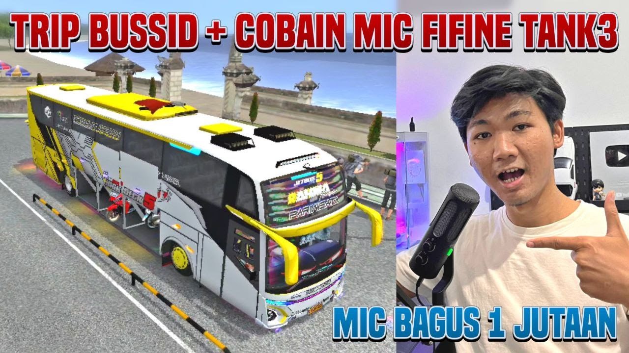 YouTube post by @howlif.petter for FIFINEMICROPHONE. Caption reads: Trip to Kuta Beach Bali on BUSSID + Try the FIFINE....