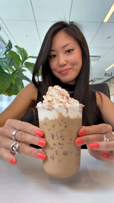 Instagram post by @ashleym_lin for Tim Hortons. Caption reads: [...] second iced cappuccino at my desk ft Tim....