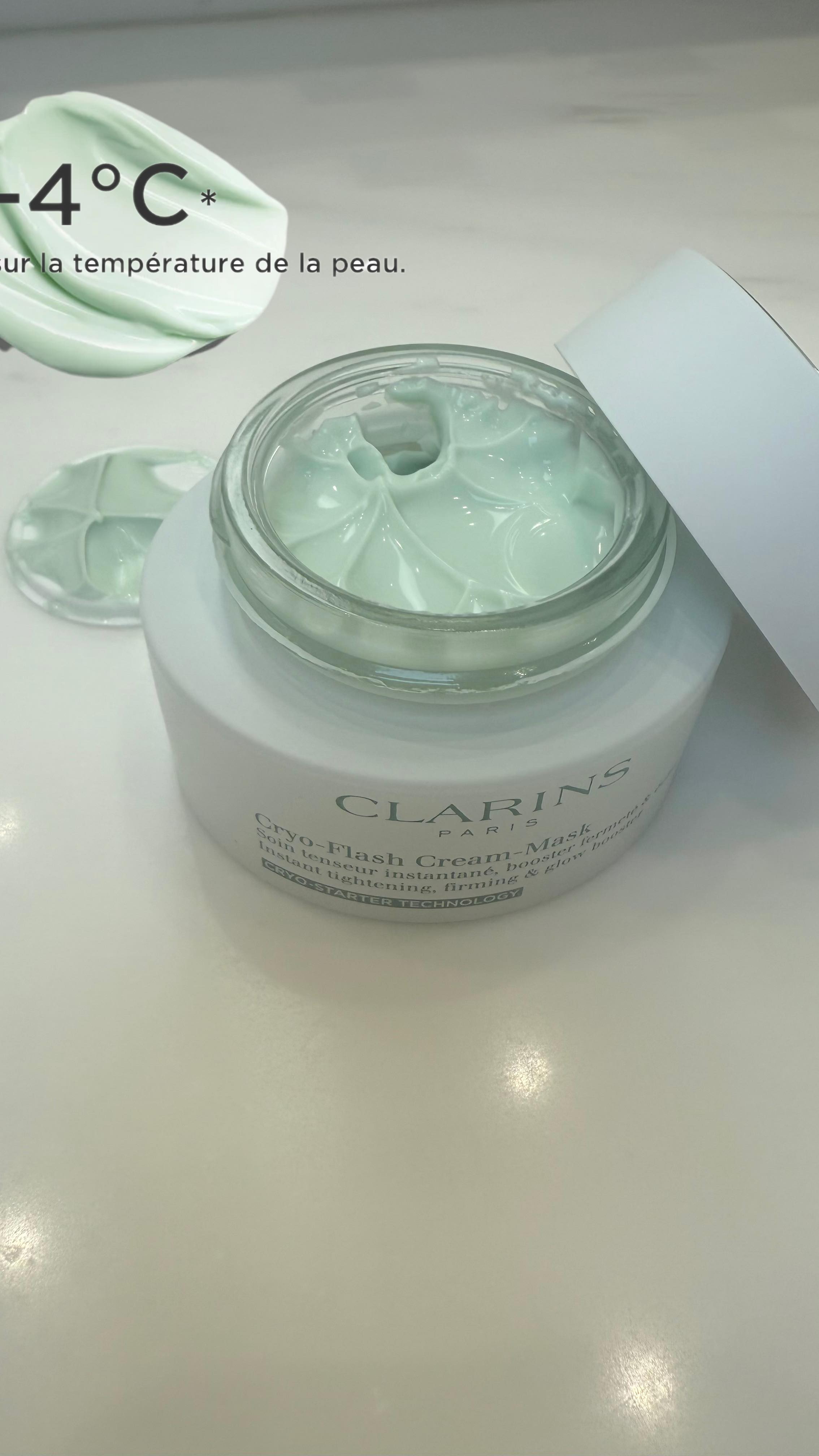 Instagram post by @charlotte_loveshopping for CLARINS USA. Caption reads: On se décongestionne avec le masque cryo flash de....