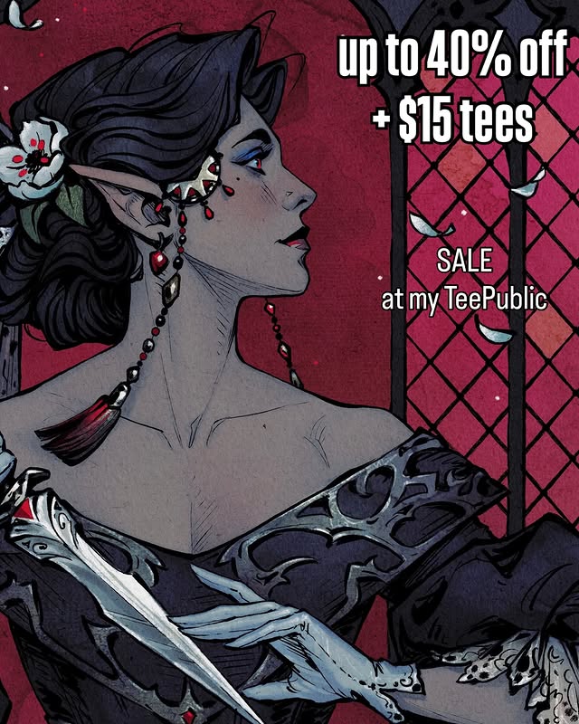 Instagram post by @mary_dimary for TeePublic. Caption reads: The biggest sale has started at my TeePublic store....