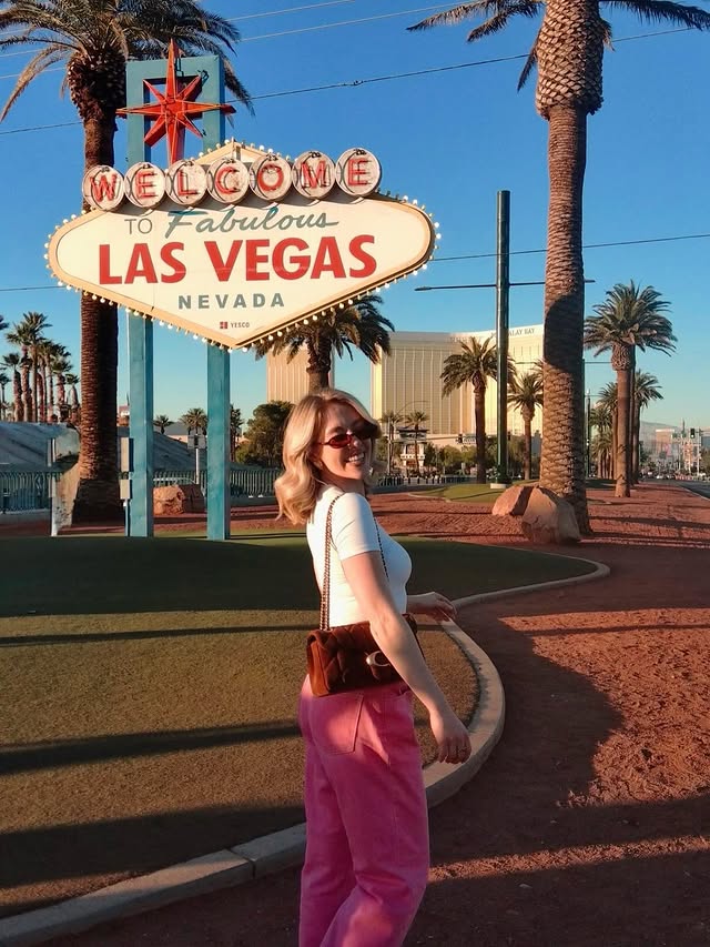 Instagram post by @indiaamoon for British Airways. Caption reads: Postcards from 24 hours in vegasssss....