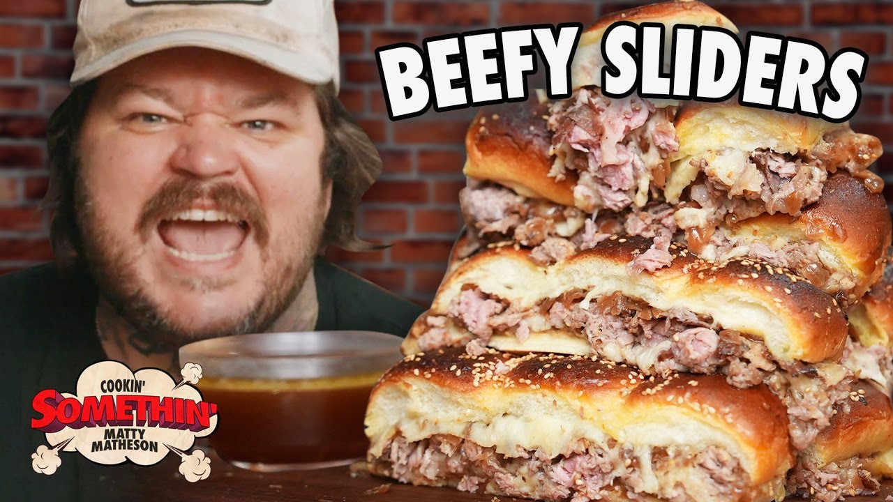 YouTube post by @mattymatheson for WeWork. Caption reads: BIG GAME Sliders | Cookin' Somethin' w/ Matty....