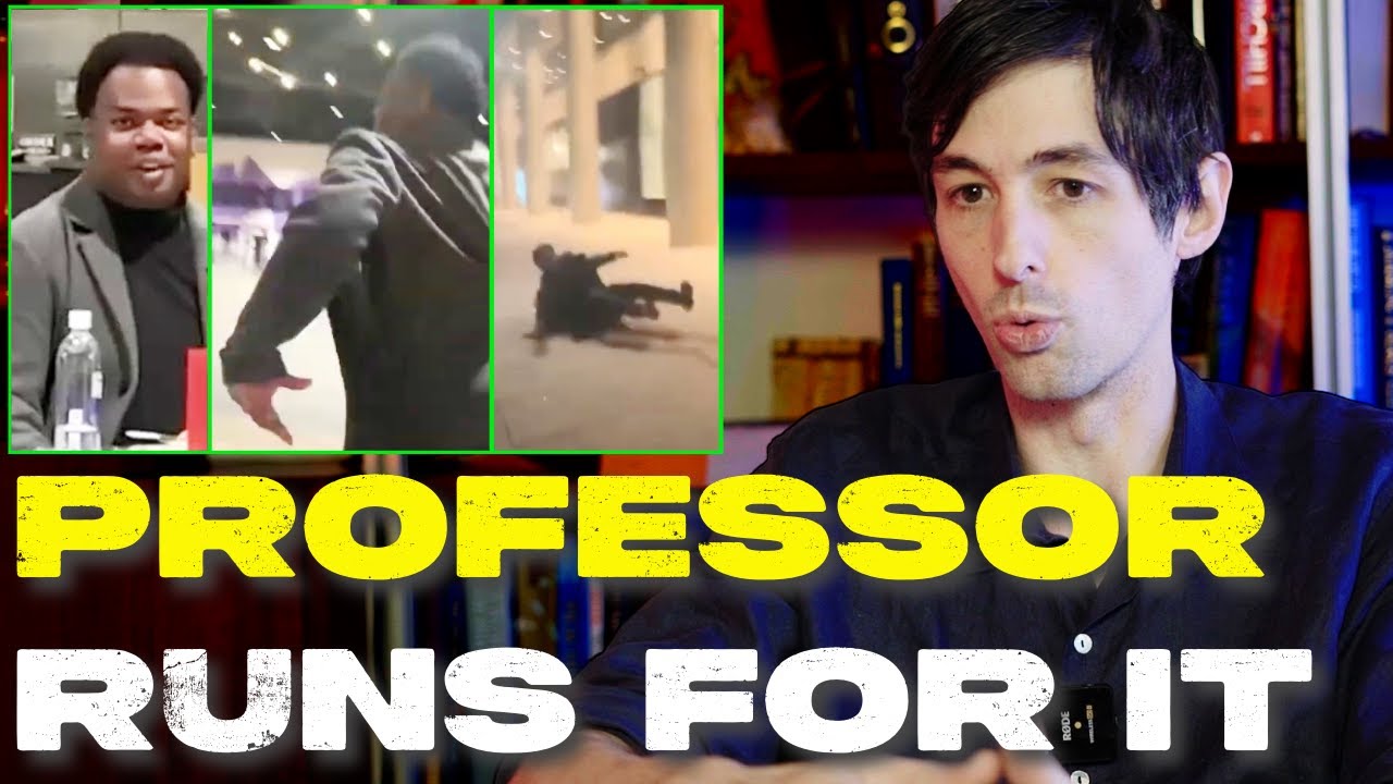 YouTube post by @SecretScholars for Ekster. Caption reads: Leftist Professor Panics & Flees After Being....