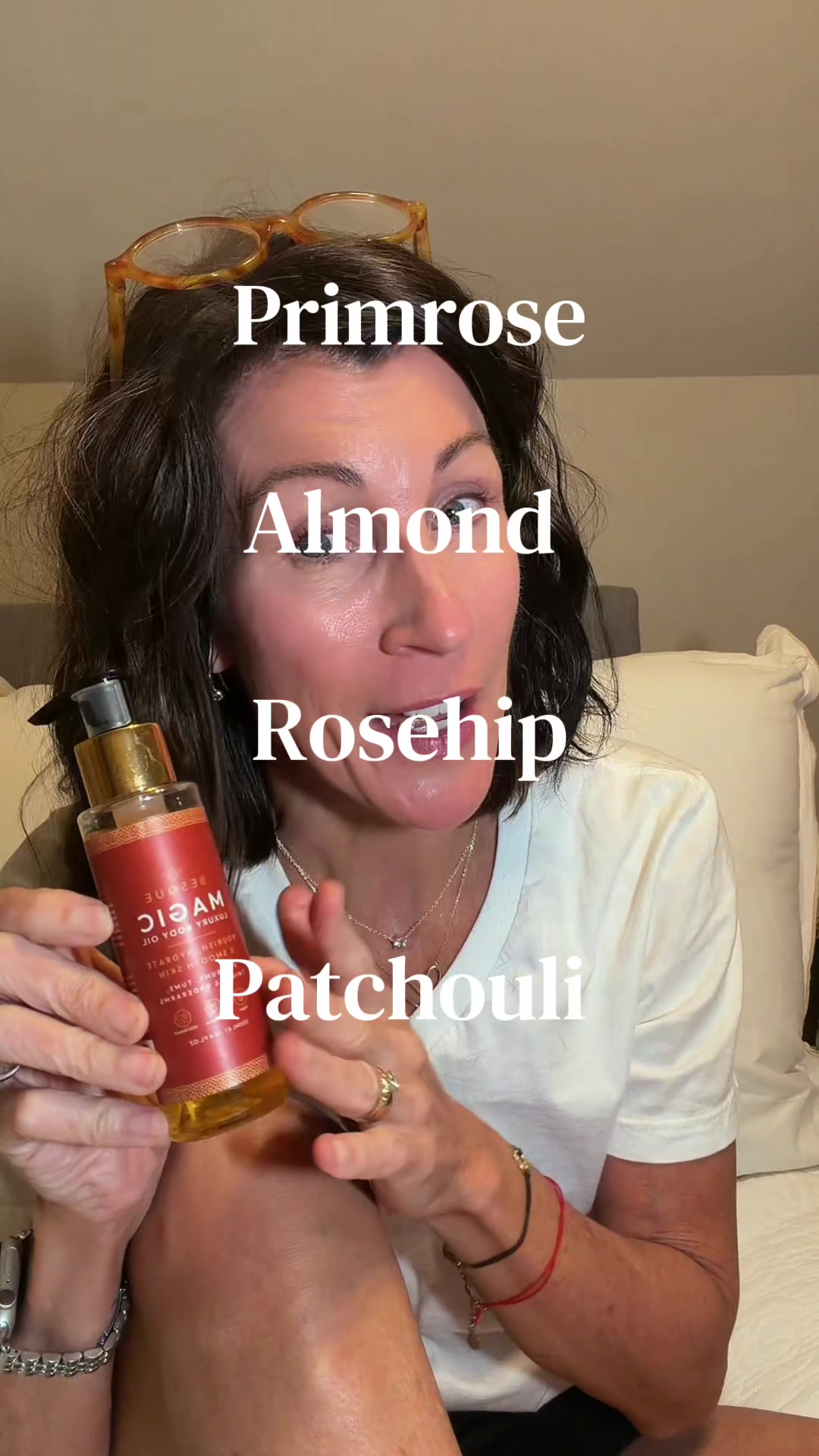 TikTok post by @heyamandaallen for Besque. Caption reads: @Besque Magic Body Oil has great reviews, [...].