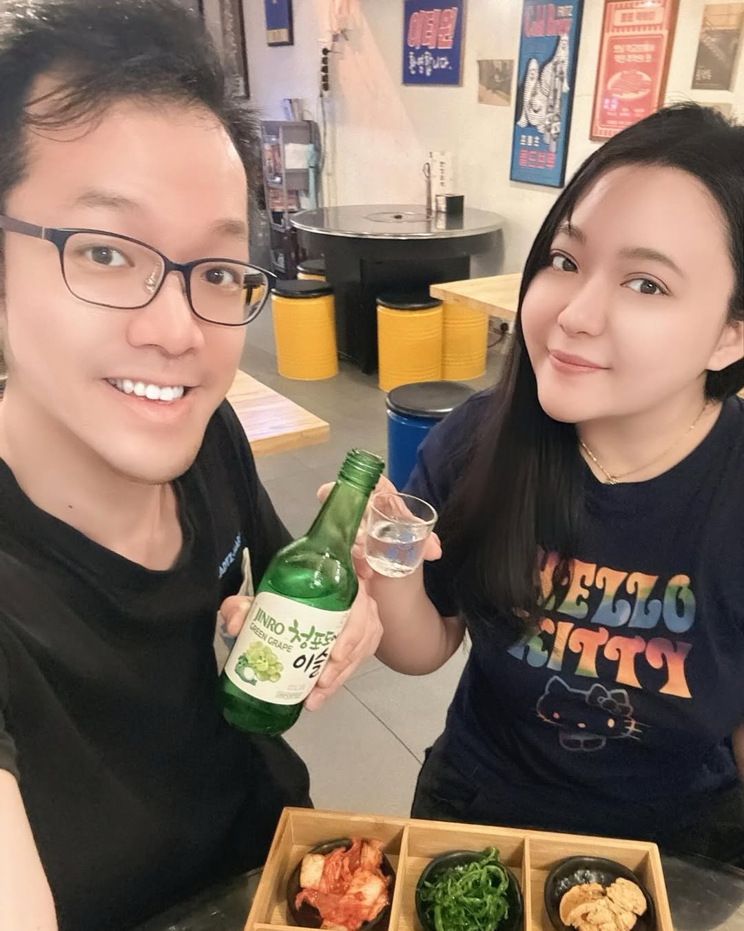 Instagram post by @pinkiekittyloves for HiteJinro Global. Caption reads: Date night with KOREAN NO.1 SOJU JINRO and the....