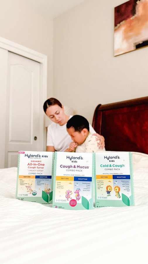 Instagram post by @_growinglittlehumans_ for Hyland's Naturals. Caption reads: #ad Coughs, sniffles, and restless nights? We’ve....