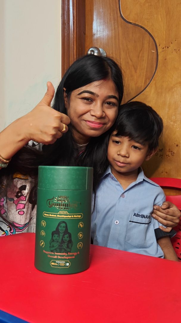 Instagram post by @the_dashing_daksh for Vasu Healthcare. Caption reads: Har subhe me deti hu Vasu Super Gummies, breakfast....
