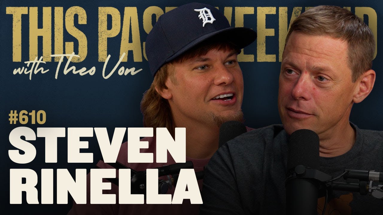 YouTube post by @TheoVon for Tecovas. Caption reads: Steven Rinella | This Past Weekend w/ Theo Von .