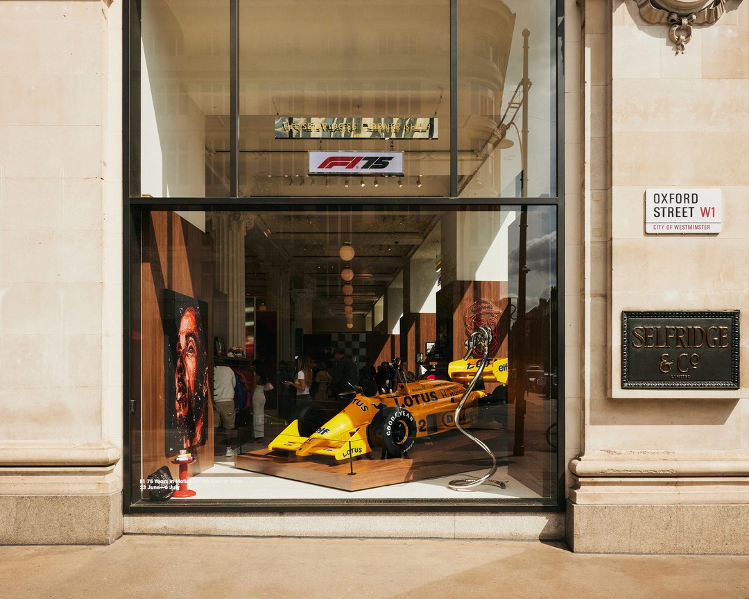 Instagram post by @theyellowdrop for Selfridges. Caption reads: @f1 75 Years in Motion lands at The Corner Shop. 
....