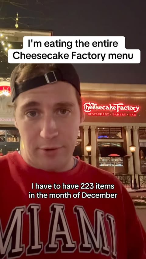 Instagram post by @siryacht for The Cheesecake Factory. Caption reads: Eating the entire Cheesecake Factory menu (275....