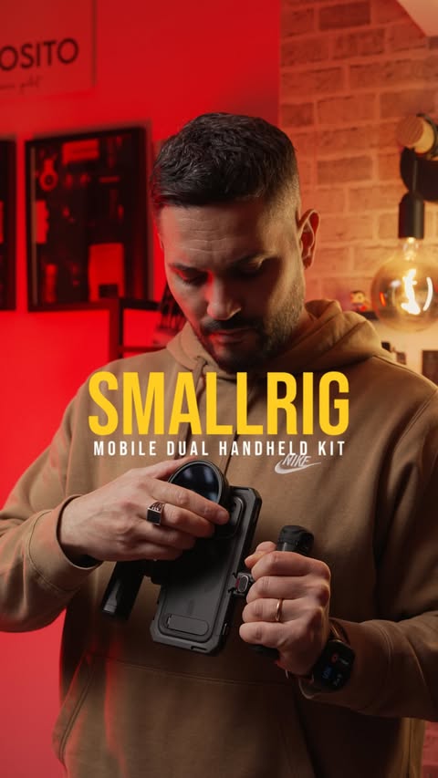Instagram post by @angelovideomaker for SmallRig. Caption reads: Mobile Dual Handheld Kit @smallrig.global....