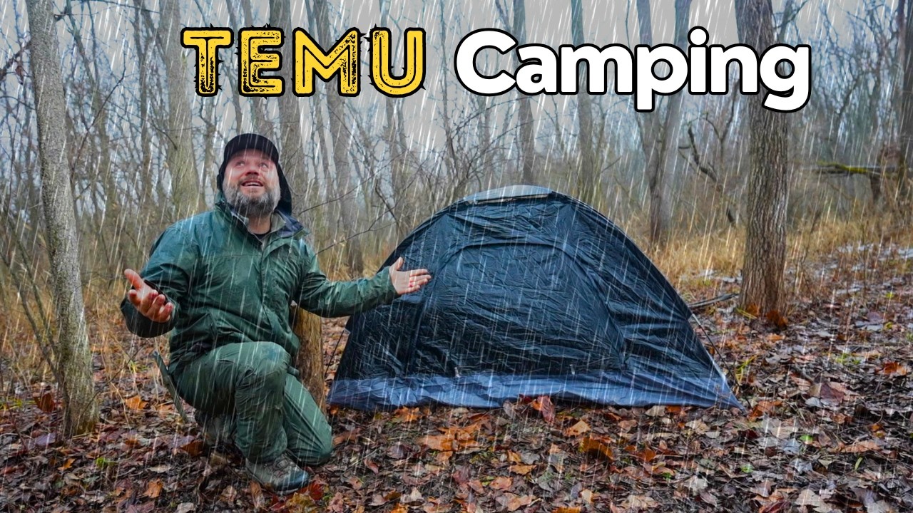 YouTube post by @CampingwithSamBananas for Temu. Caption reads: Camping in the Rain w/ UNTESTED GEAR from TEMU.