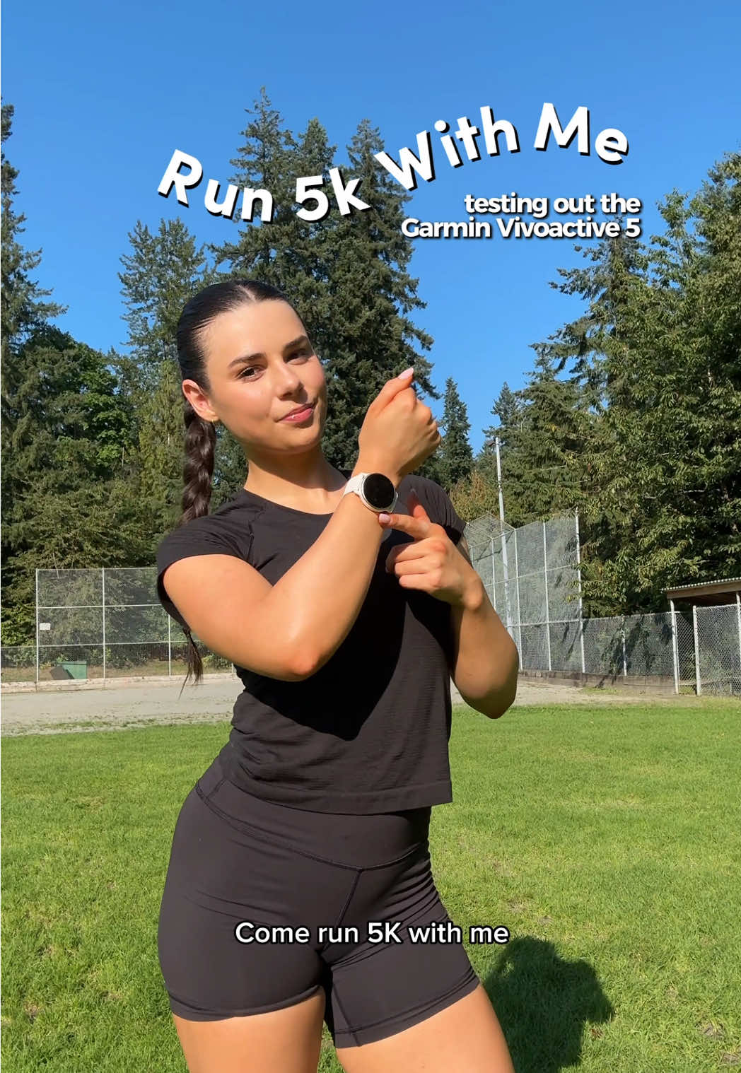 TikTok post by @purelycristina for Best Buy. Caption reads: Run 5K with me while I put the Garmin Vivoactive 5....