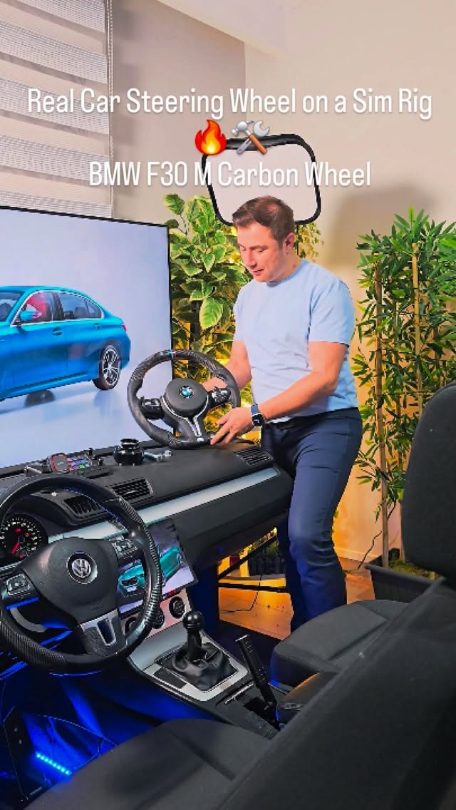 Instagram post by @kaptanmemotv for MOZA Racing. Caption reads: Real Car Steering Wheel on a Sim Rig 🔥🛠 BMW F30....