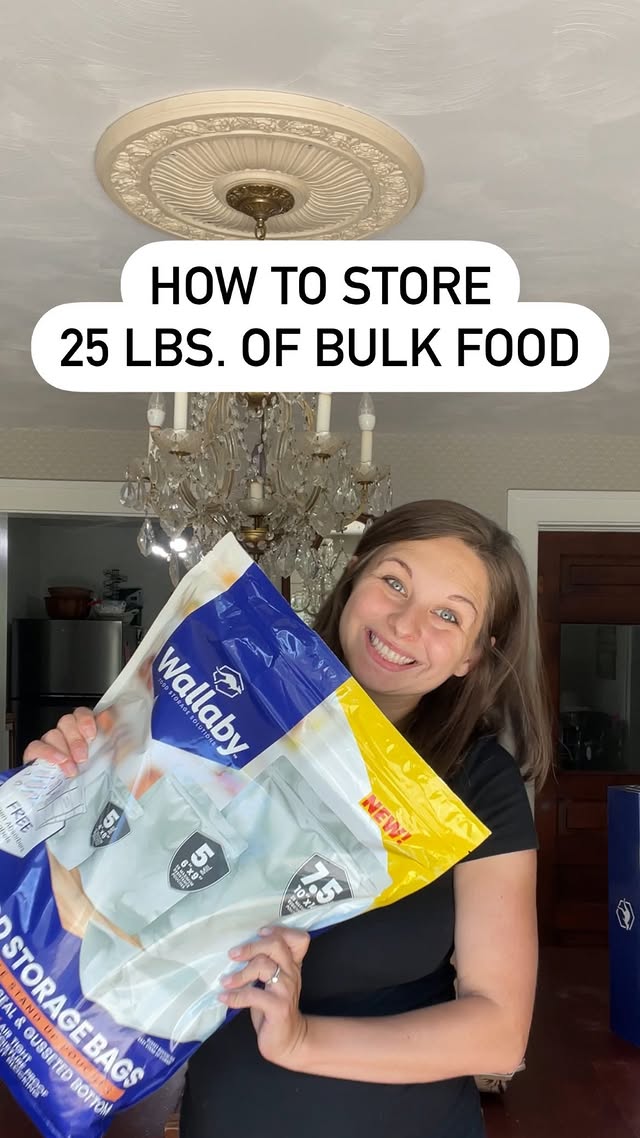 Instagram post by @themilleracres for Wallaby Goods. Caption reads: [...] food: ⬇️ 1. I use mylar bags from Wallaby....