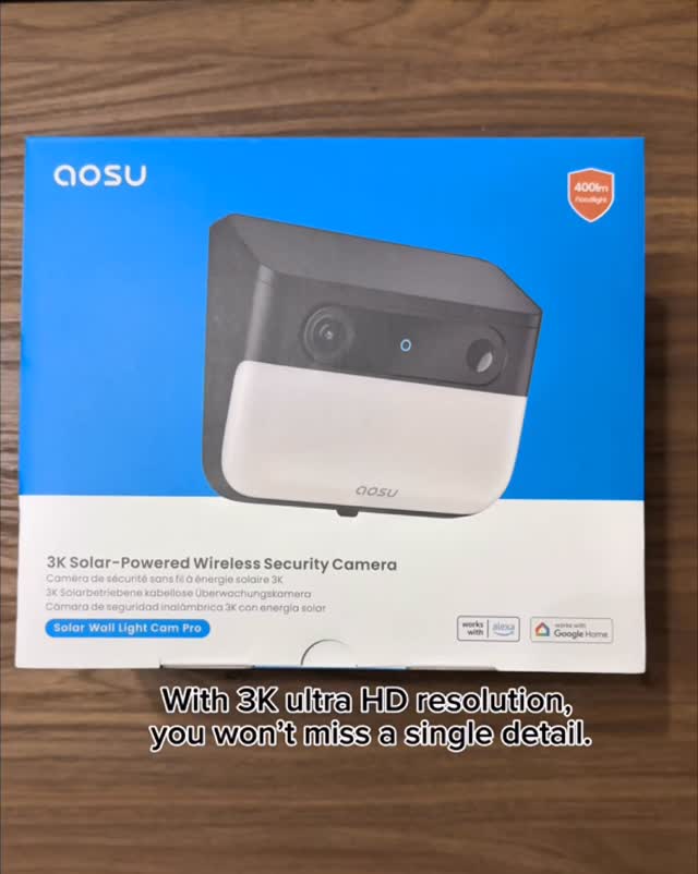 Instagram post by @america.timee for Aosu Life. Caption reads: Your home deserves 24/7 protection — no wires, no....