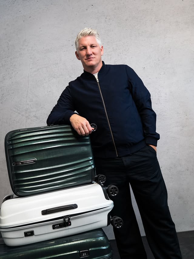 Instagram post by @bastianschweinsteiger for Samsonite. Caption reads: We’re a good team - the Samsonite Nexis and I.....