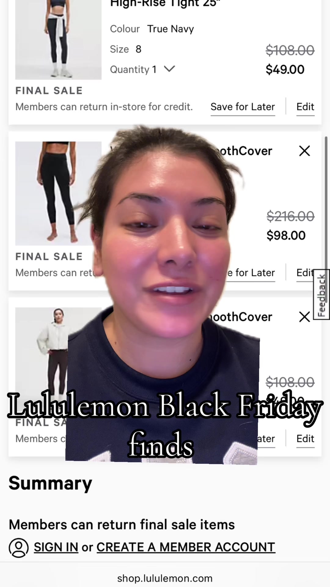 TikTok post by @maybe_its_jess for lululemon. Caption reads: @lululemon black and true navy finds!! [...].