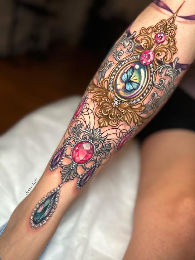 Instagram post by @jennakerrtattoo for Fkirons. Caption reads: SWIPE to different angles of this leg piece I did....