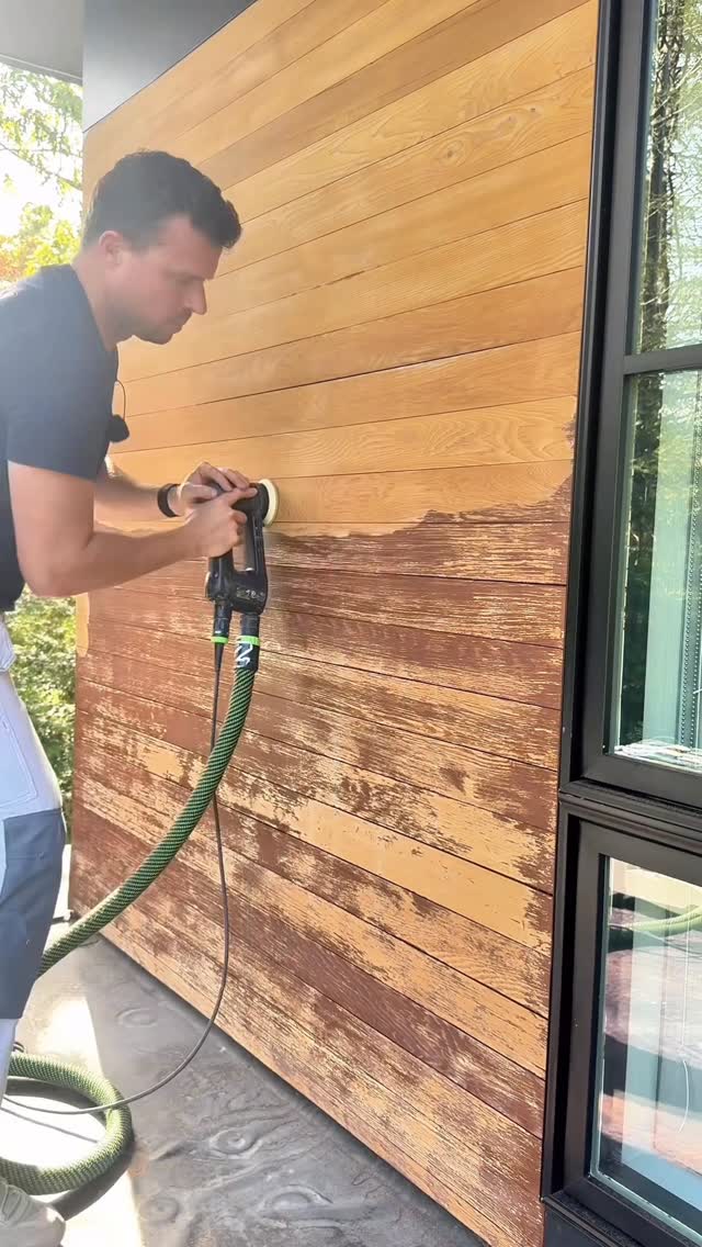 Instagram post by @zkpainting for Festool USA. Caption reads: I stripped the stain off this section of siding on....