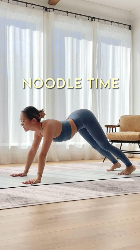 Instagram post by @geeoice_yoga for Alo Yoga. Caption reads: noodleasana. 🤷‍♀️ but forreal tho, spinal waves....