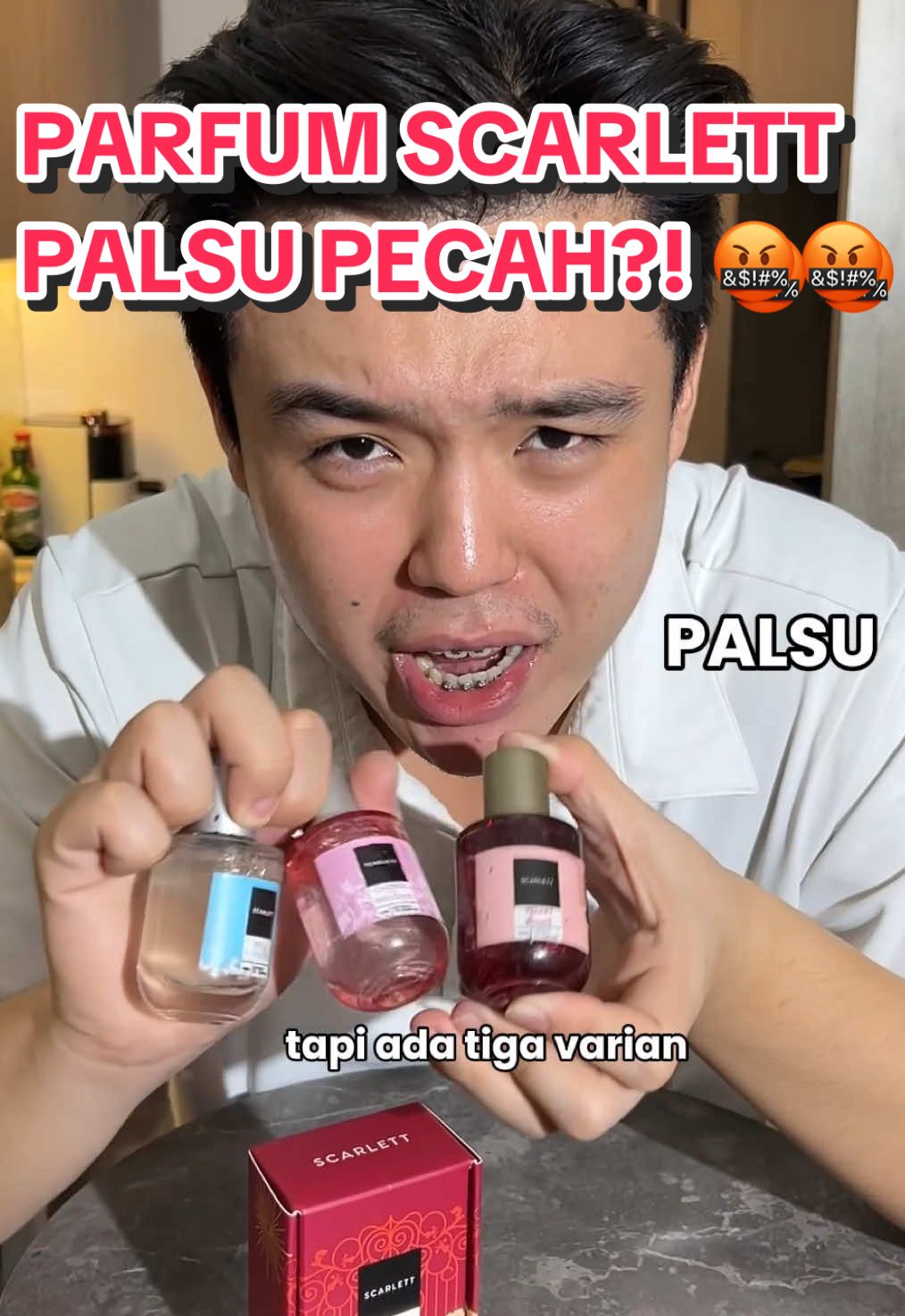 TikTok post by @kosteve_ for Scarlett Whitening. Caption reads: Parfum Scarlett Palsu Parah! 🤬 Produk @Scarlett....