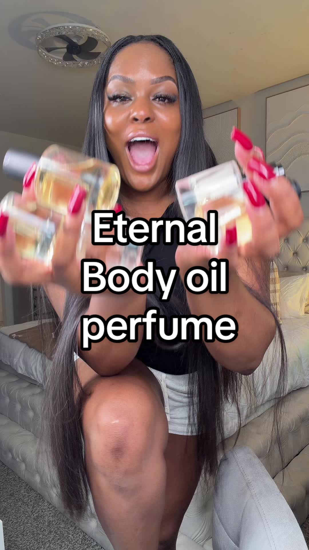 TikTok post by @_keepingupwithmeee_ for Eternal Perfume Oils. Caption reads: [...] body oil is top TEIR 😮‍💨🔥 @Eternal....