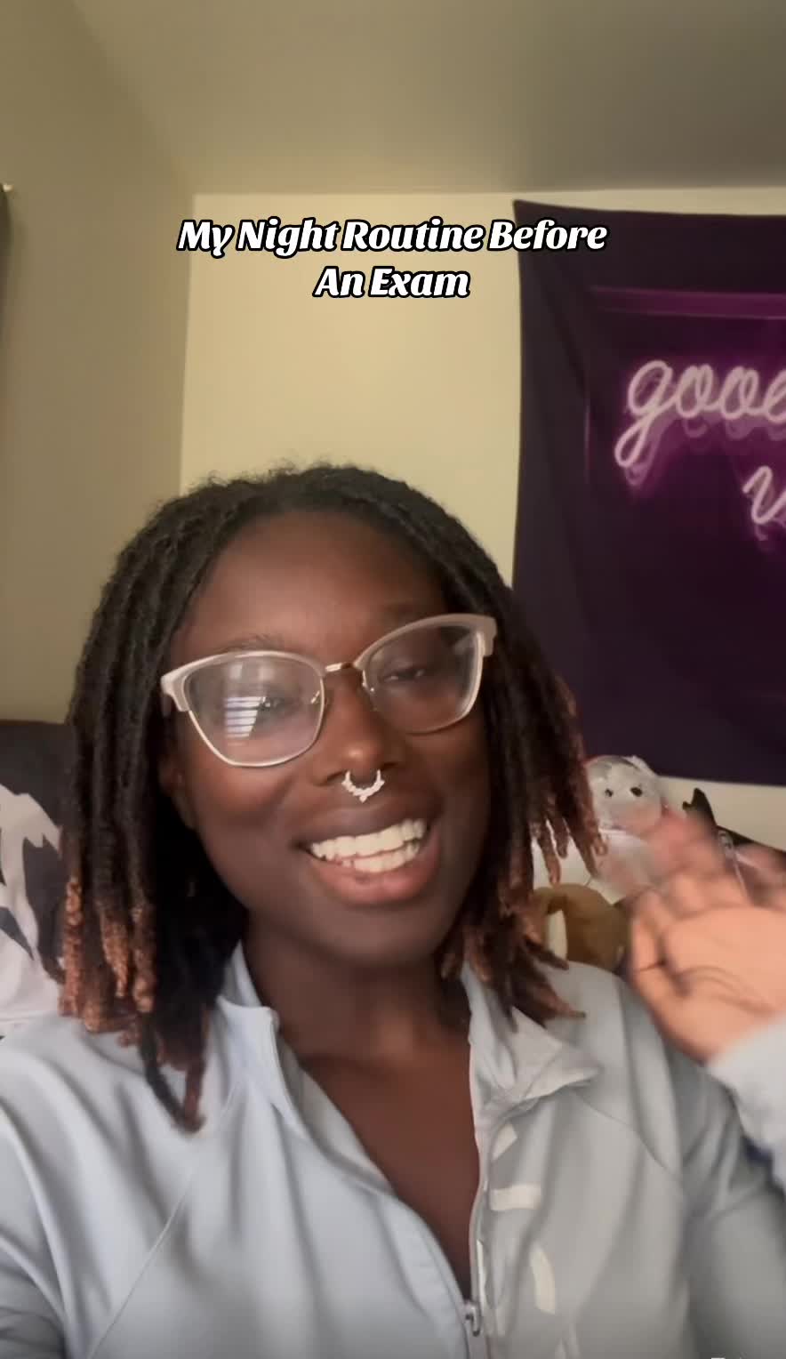 TikTok post by @kourtney_withtha_locs for Chegg. Caption reads: My Night Routine Before an Exam! @Chegg....