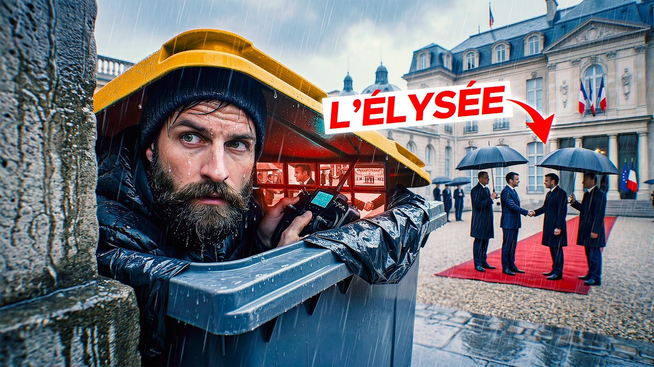 YouTube post by @HitTheRoad for Motion Array. Caption reads: INFILTRATING THE ÉLYSÉE WITH A MOTORIZED TRASH....