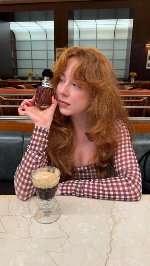 Instagram post by @adelakutilova for Miu Miu. Caption reads: [...] with vanilla bourbon and blackberries....