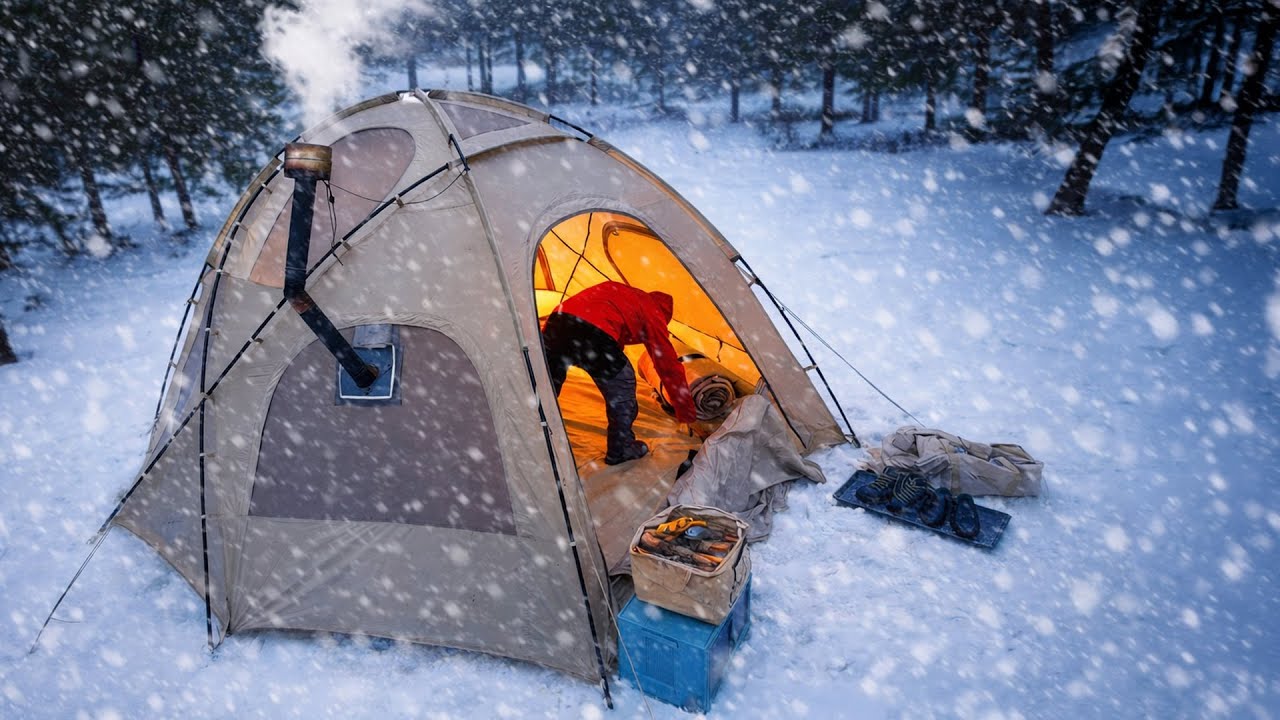 YouTube post by @CumartesiDağcıları for hepsiburada. Caption reads: CAMPING IN -5°C DURING A SEVERE SNOWSTORM.