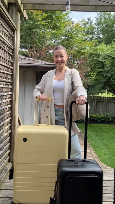 Instagram post by @alexajustinee for Monos. Caption reads: summer travel plans? @monostravel has your luggage....