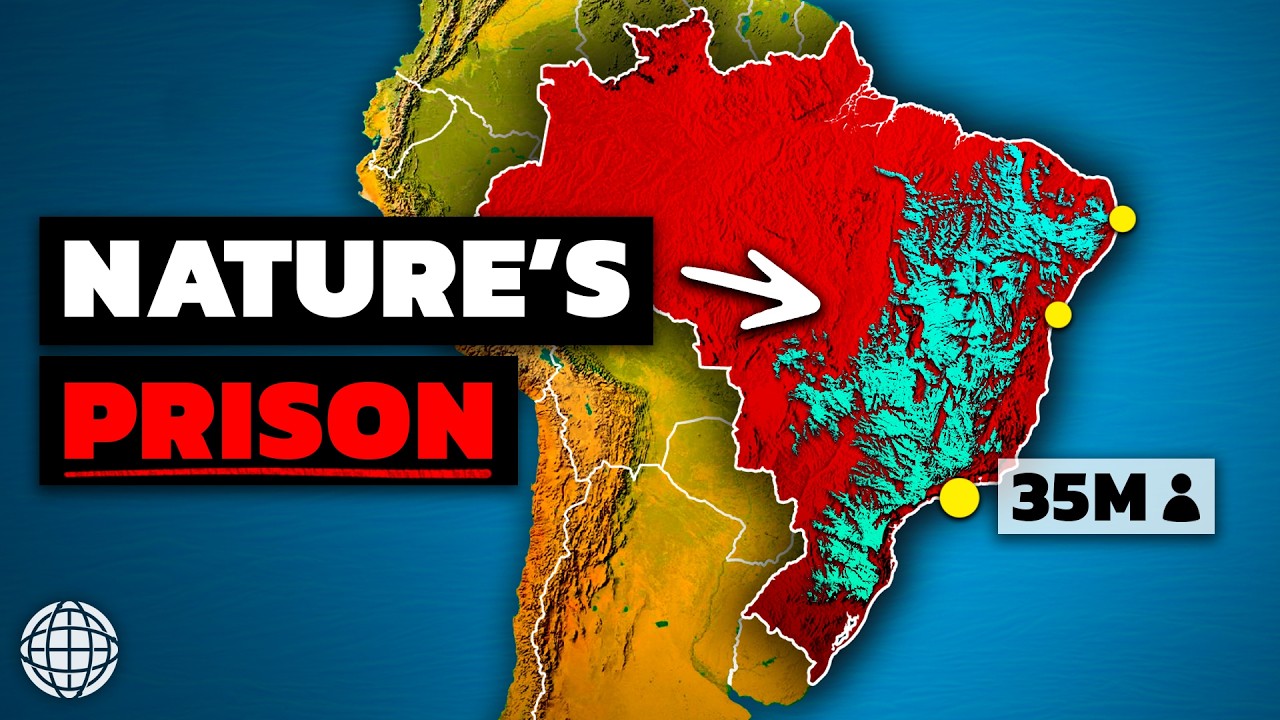 YouTube post by @GeographyByGeoff for Freepik Contributor. Caption reads: The Real Reason Why Most of Brazil is Empty.