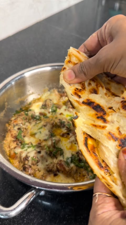 Instagram post by @faiza_unique_kitchen for The Indus Valley. Caption reads: [...] Nawabi Chicken & Crispy Parotta in....