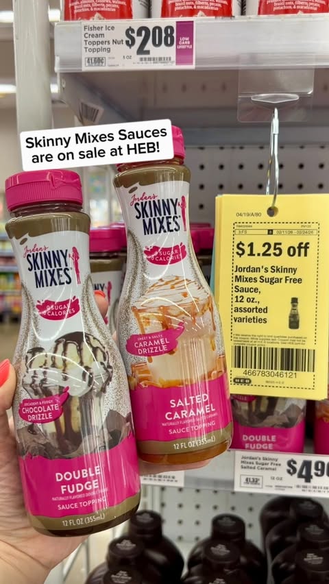 Instagram post by @grocery_obsessed for Skinny Mixes. Caption reads: Skinny Mixes are on sale at HEB! Double Fudge &....