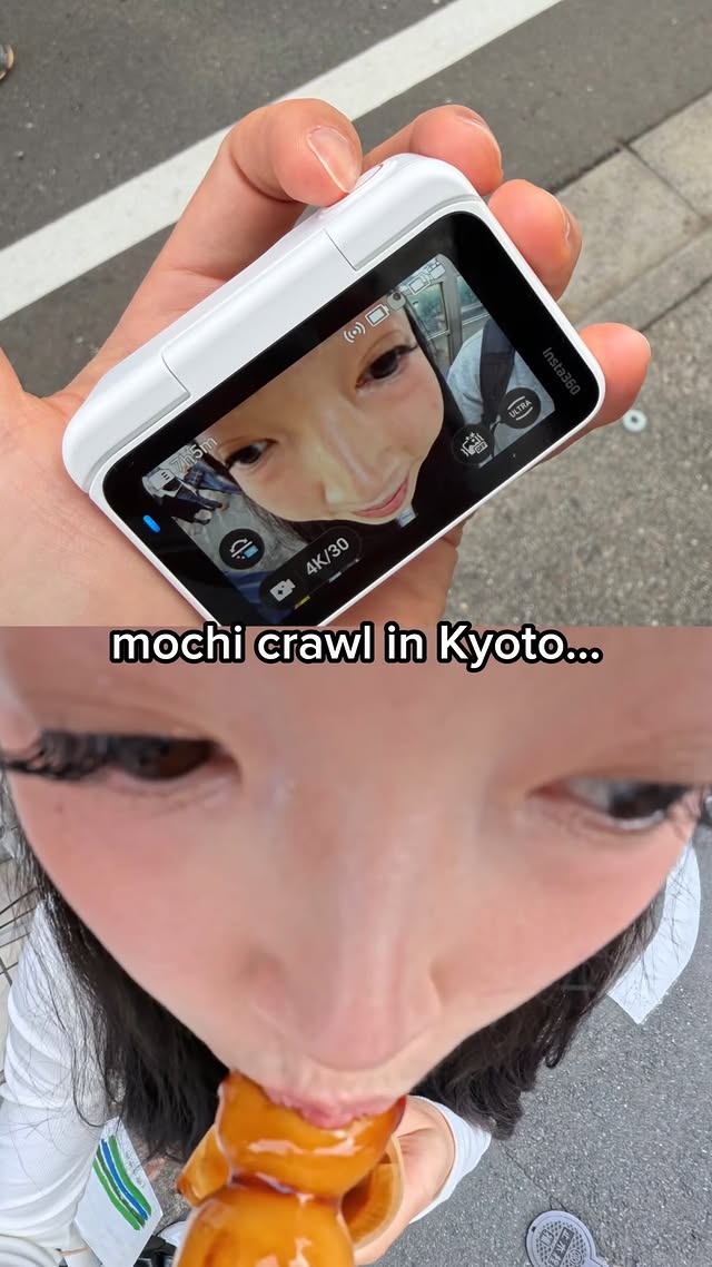 Instagram post by @itsgracechin for Insta360. Caption reads: Mochi crawl in Kyoto, Japan 🇯🇵

Camera and....