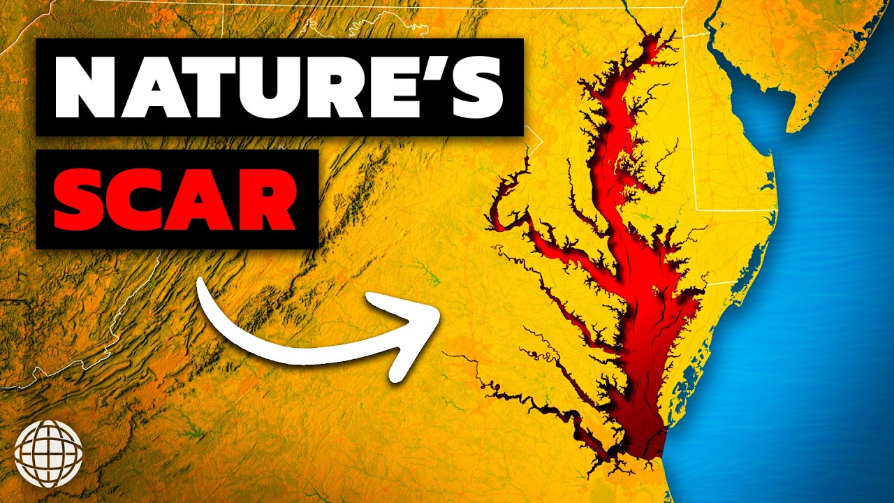 YouTube post by @GeographyByGeoff for Envato Elements. Caption reads: The Massive Anomaly Hiding Under the Chesapeake....