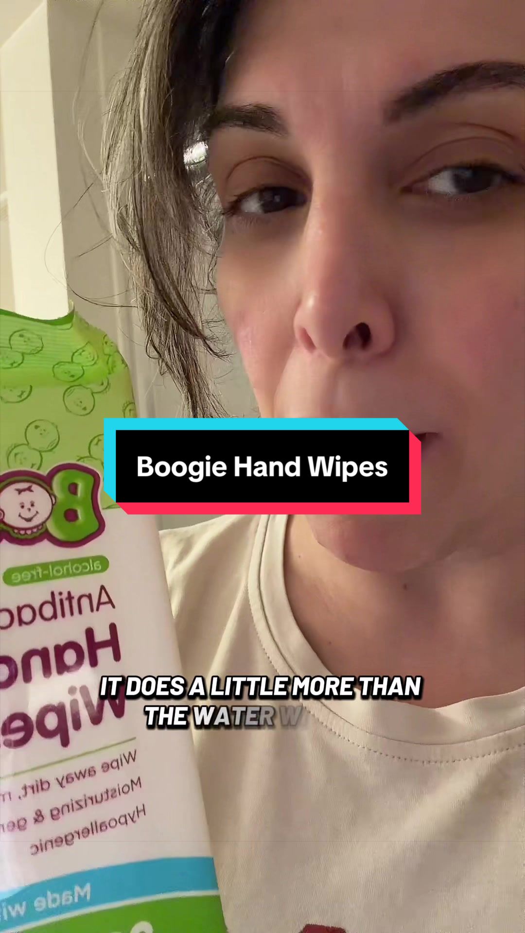 TikTok post by @kindamermish for Boogie Wipes. Caption reads: Another awesome @Boogie Brand find! #babywipes....
