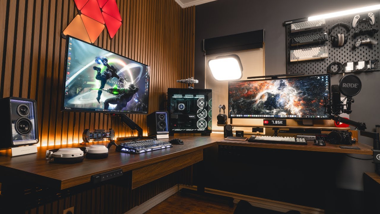 YouTube post by @sideoftech for Graywind. Caption reads: The ULTIMATE PC Gaming & Mac Desk Setup - 2025.