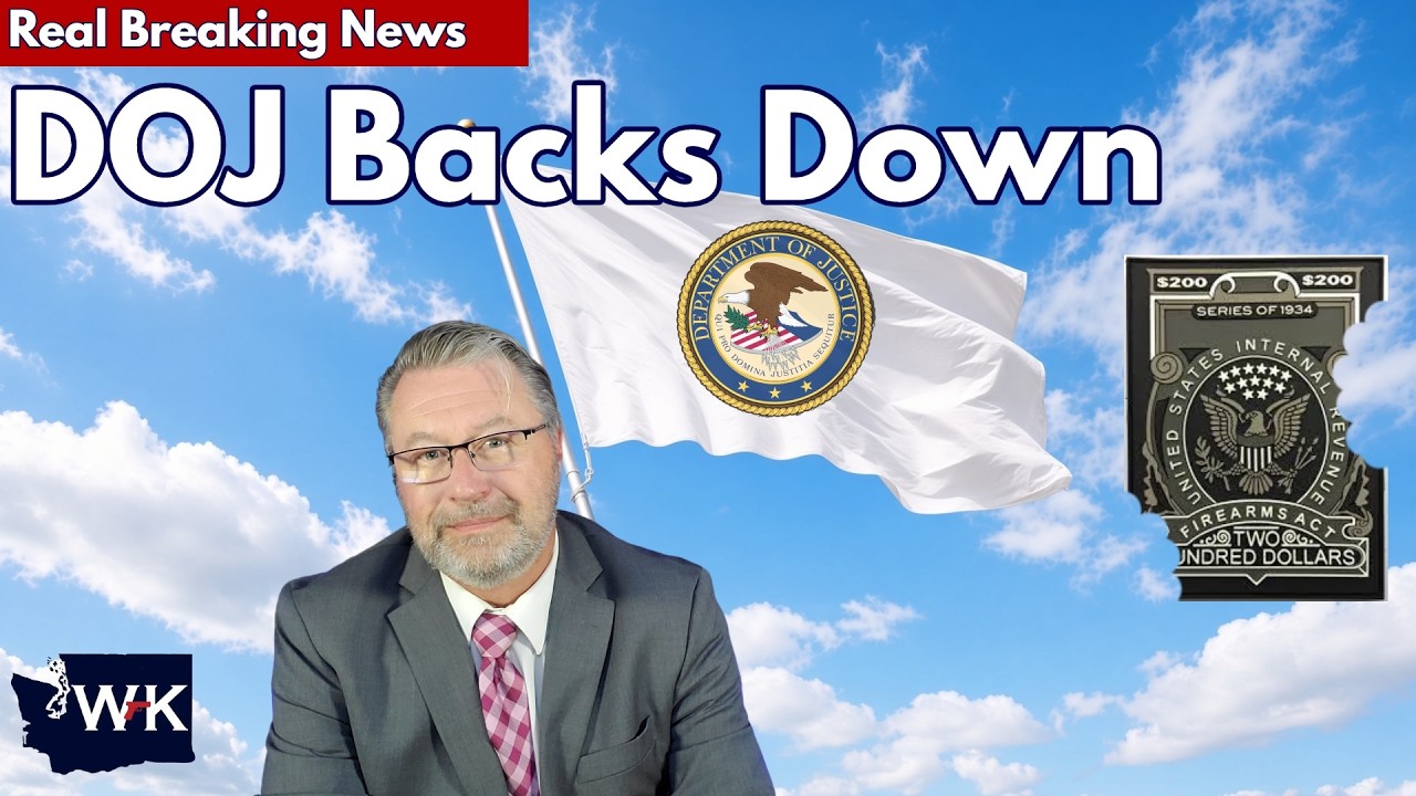 YouTube post by @WashingtonGunLaw for AvantLink. Caption reads: DOJ Officially Backs Down on Defending the NFA.