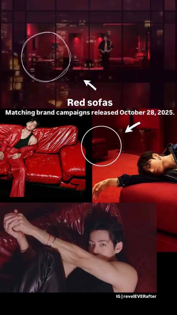 Instagram post by @reveleverafter for Calvin Klein. Caption reads: Even though V sits on the red sofa in his official....