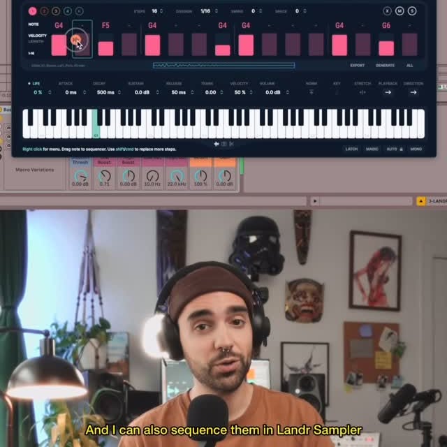 Instagram post by @taetro for LANDR. Caption reads: load up your samples FAST 🏃💨 @landrmusic just....