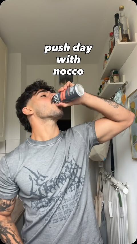 Instagram post by @mos.taverne for Nocco. Caption reads: push day with @noccogermany lessgoo - #workout....