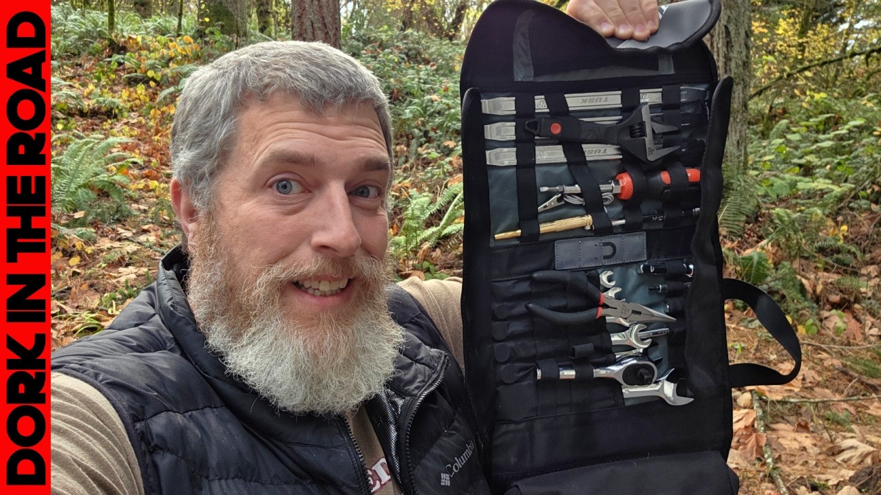 YouTube post by @DorkintheRoad for Mosko Moto. Caption reads: My Favorite ADV Gear of 2025.